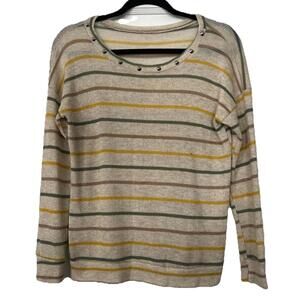 Women’s Striped Lightweight Sweater Beige Multicolor Stud Neck – Size M/L
